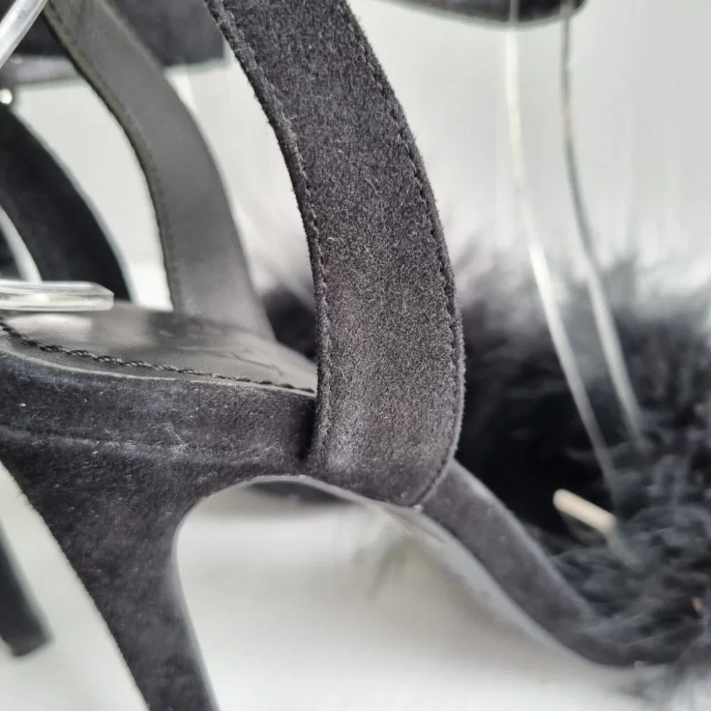 Aje. Black Feather & Suede Open Toe Stilettos Size 36 - Picture 9 of 10